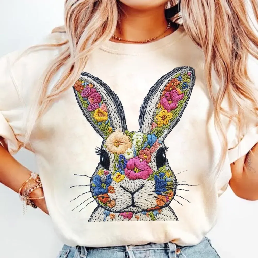 Easter Floral Bunny Printed Round Neck Short Sleeve T-Shirt