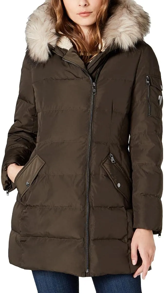 Women's Asymmetric Quilted Down Puffer Coat with Faux Fur Trim