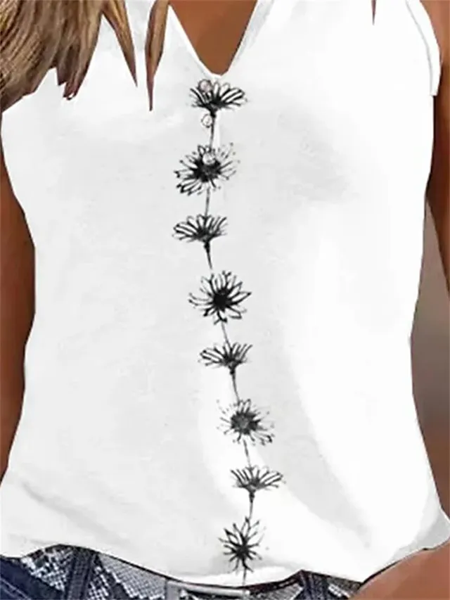 Women's Tank Top Black White Green Floral Print Sleeveless Casual Holiday Basic V Neck Regular Fit Floral