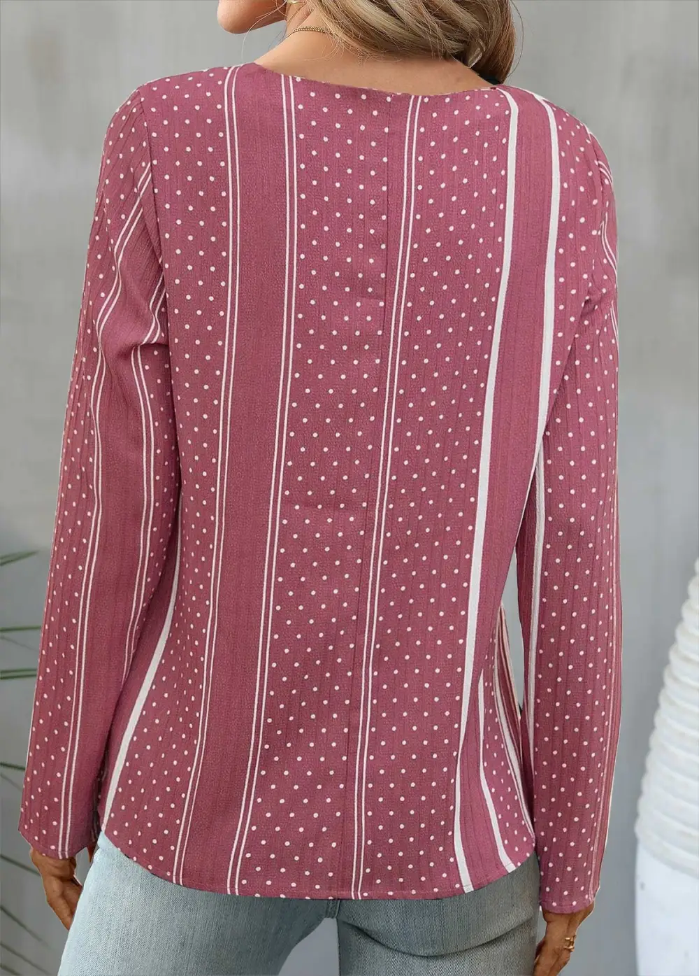 Pink Button Polka Dot Long Sleeve V Neck Blouse