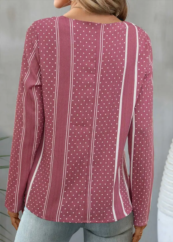 Pink Button Polka Dot Long Sleeve V Neck Blouse