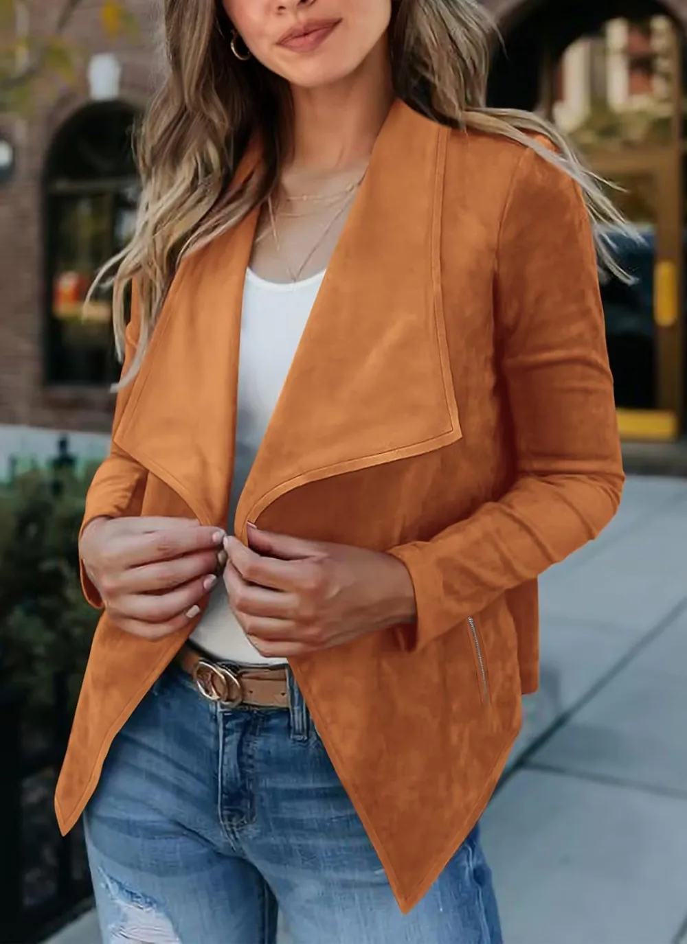 Women's Faux Suede Jackets 2023 Fall Clothes Long Sleeve Open Front Cropped Coat Outwear