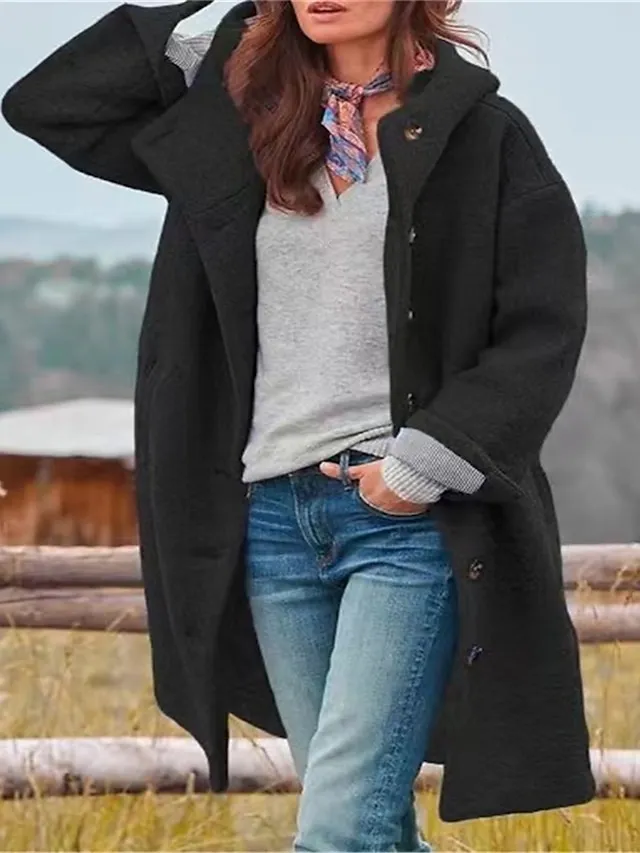 Women's Winter Coat Long Overcoat with Hood Fall Pea Coat Single Breasted Jacket with Pockets Warm Windproof Trench Coat Long Sleeve Black Royal Blue Fuchsia