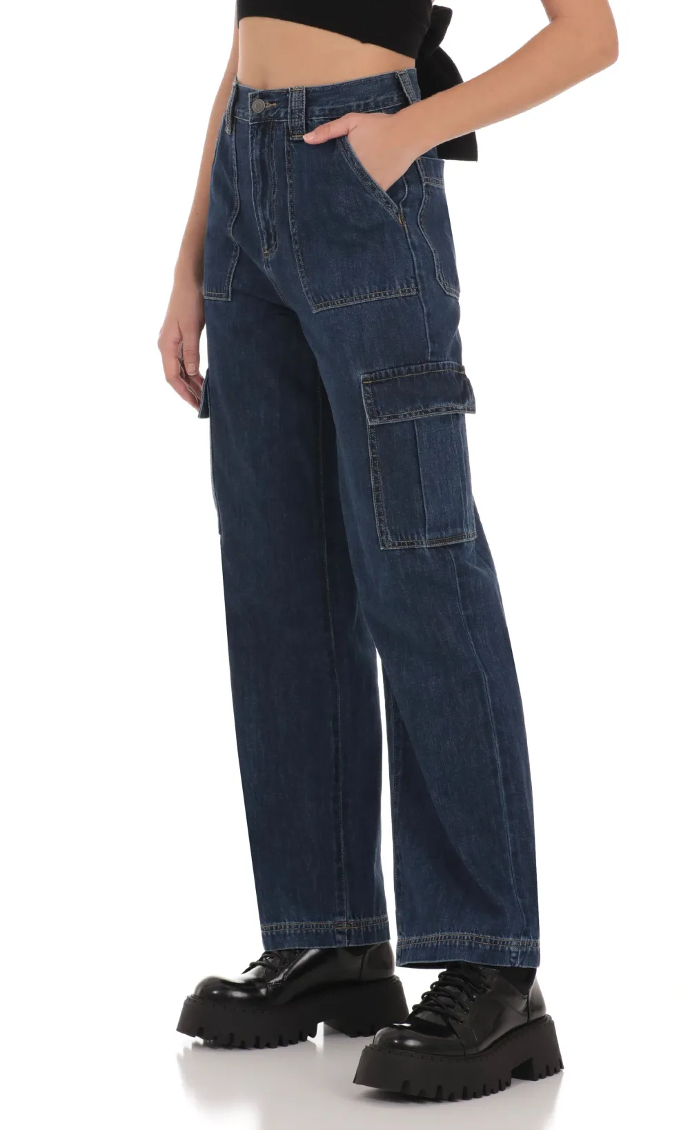 Wide Leg Cargo Jeans in Dark Denim