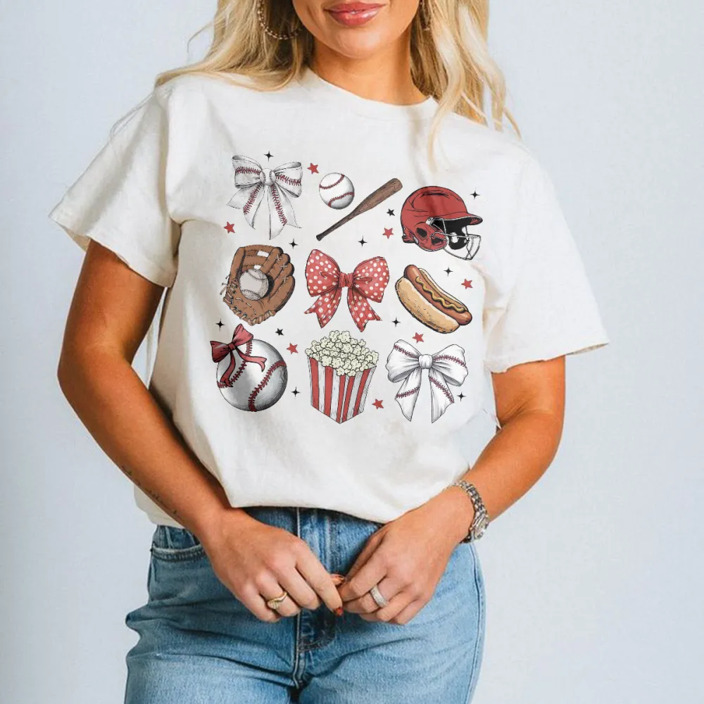 Baseballs, Baseball Bats, Baseball Helmets, Baseball Gloves, Bow Ties, Hot Dogs, Popcorn And Star Combination Patterns, Casual T-Shirts.