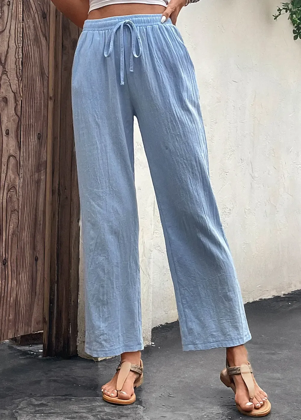 Light Blue Pocket Drawastring High Waisted Pants