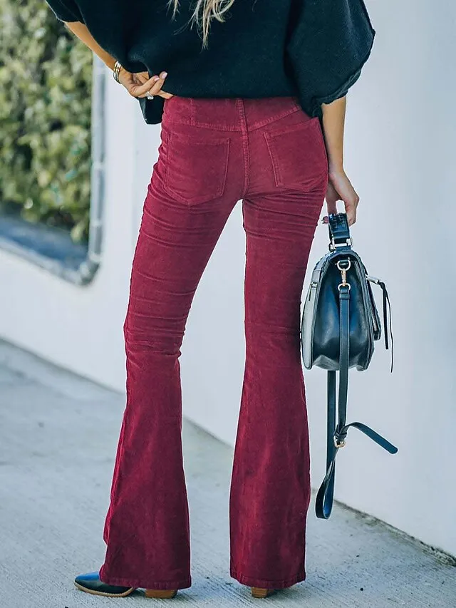 Women's Dress Pants Bootcut Pants Trousers Full Length Corduroy Micro-elastic Medium Waist Fashion Casual Weekend claret Black S M