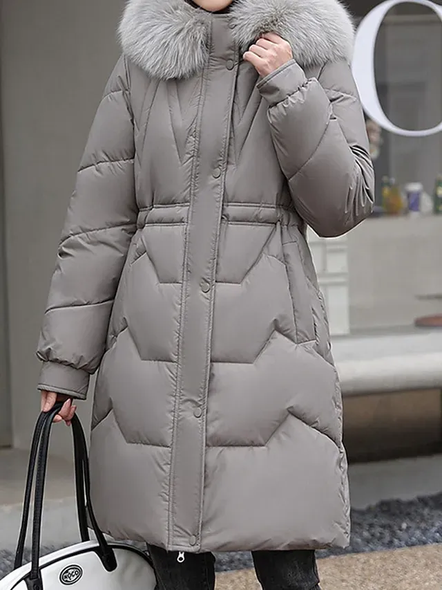 Women's Parka Winter Long Puffer Jacket Fall Windproof Warm Zipper Coat with Pocket Fur Collar Hood Modern Casual Street Style Plain Regular Fit Outerwear Long Sleeve Black White Pink