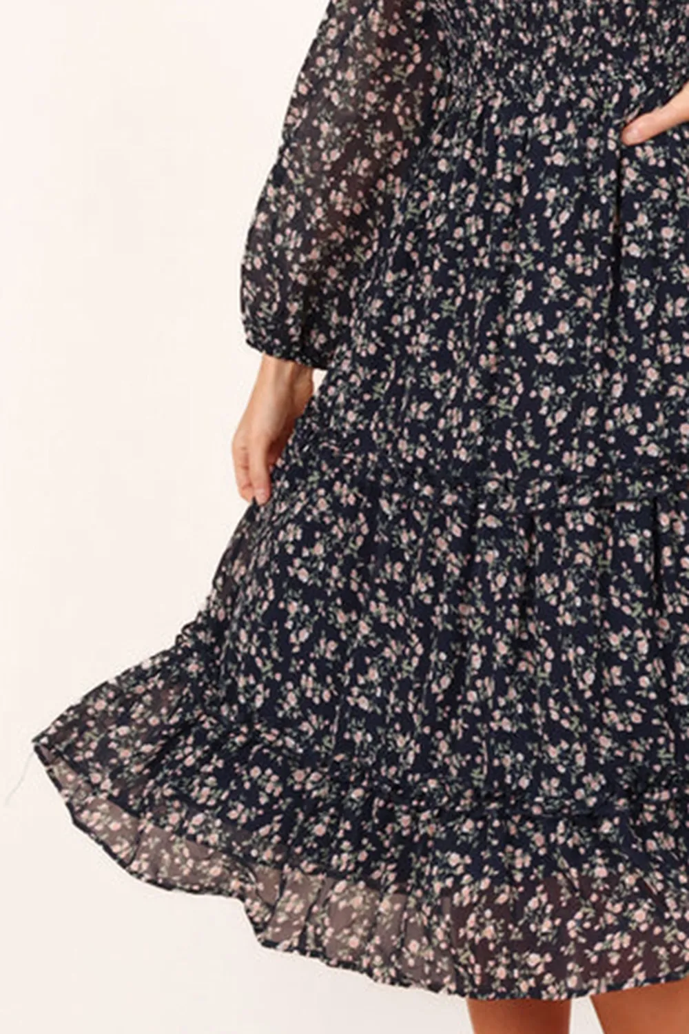 NAVY FLORAL SHIRRED FRILL LONG SLEEVE MIDI DRESS