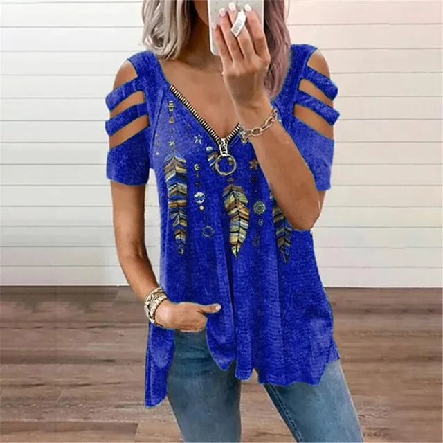 Women Tops T-Shirt Hollow-Out Shoulder Short Sleeve Casual Blouse Shirts explosive Feather Print V-Neck Zipper Shirt