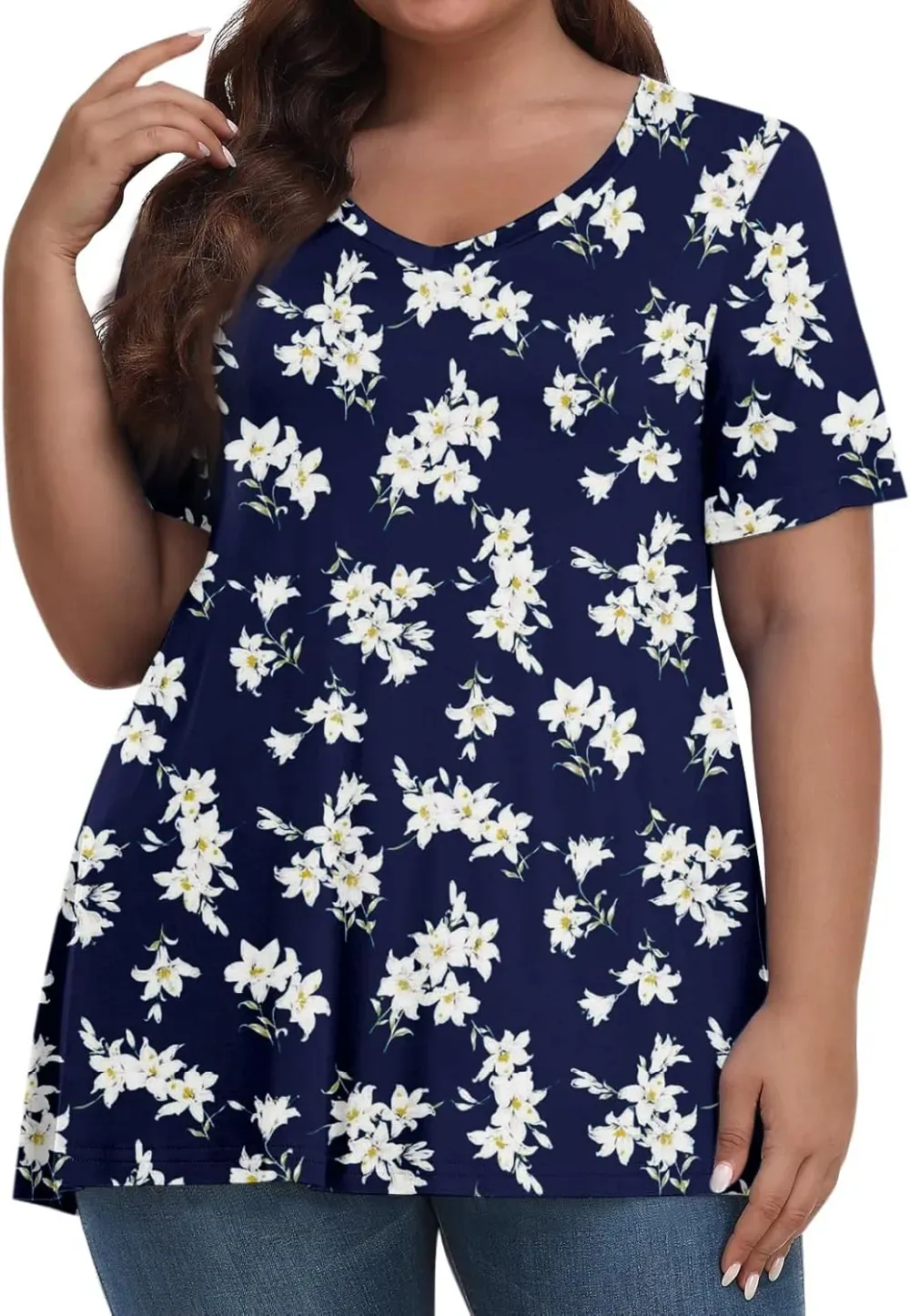 Plus Size Tops for Women Dressy Short Sleeve V Neck Shirts for Women Summer Tops for Women 2024 Floral Print Top