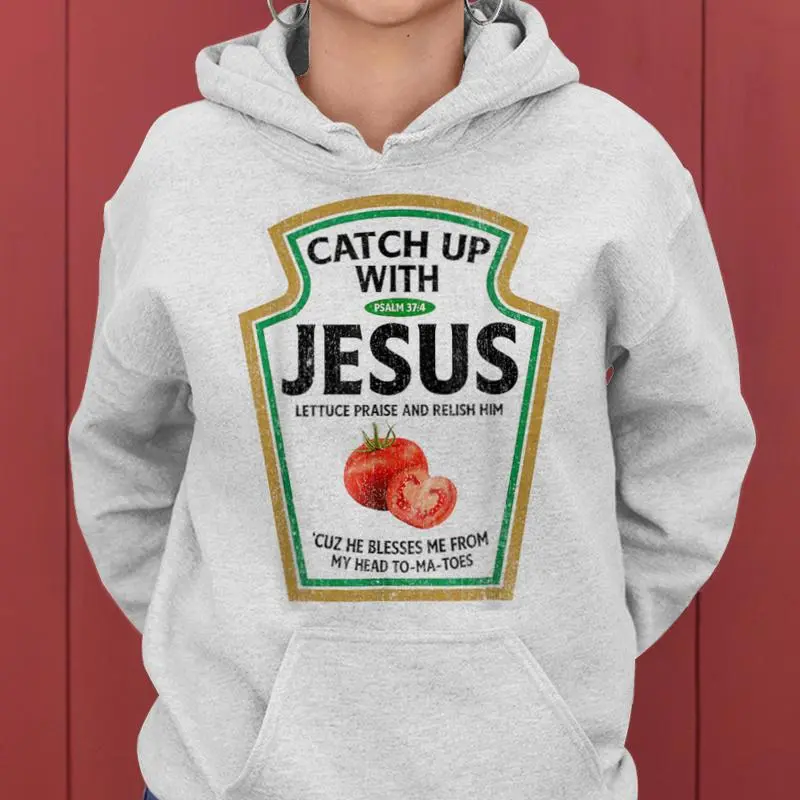 Retro Catch Up With Jesus Ketchup Christian Ketchup Women Hoodie