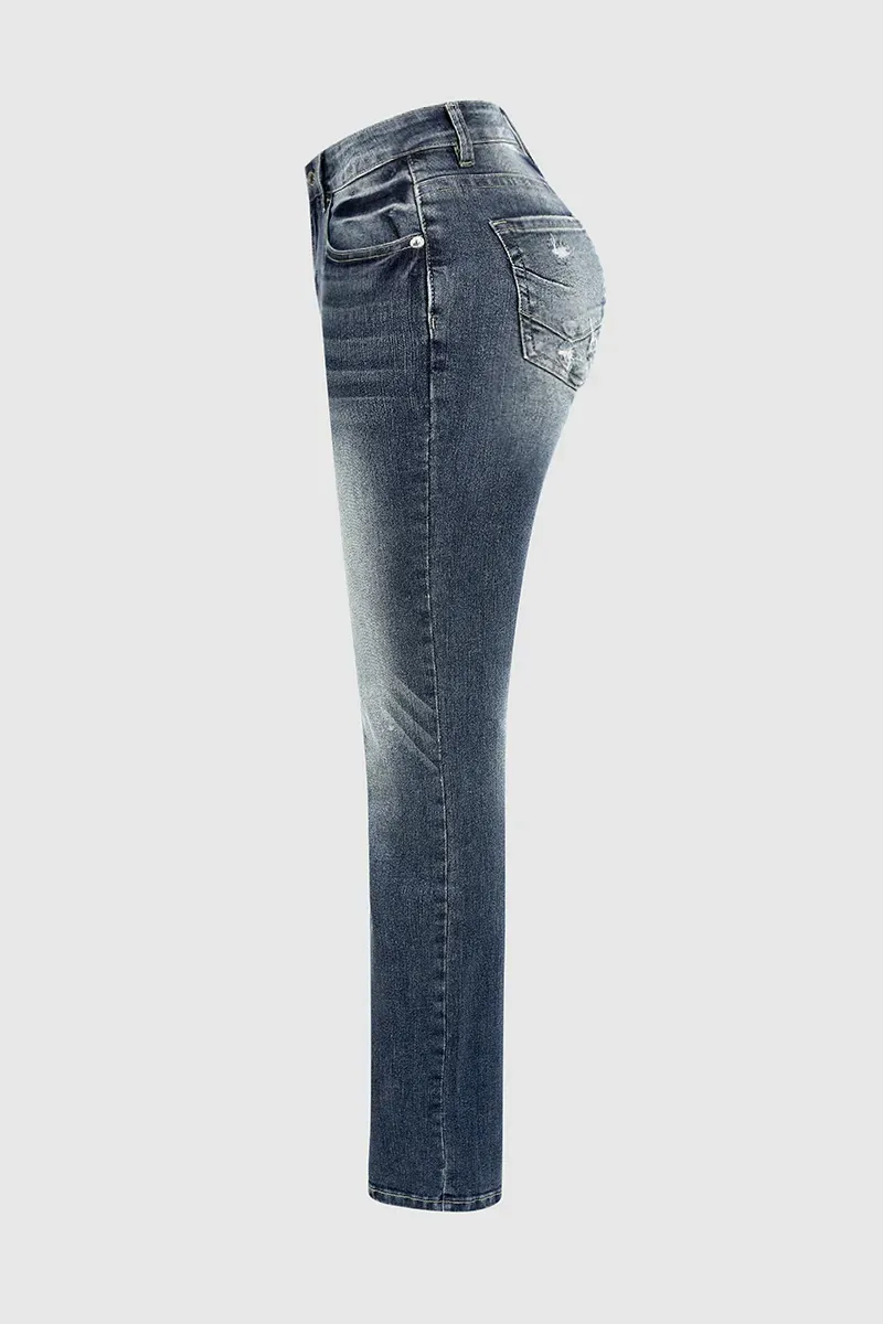 Mid Waist Wash Straight Leg Jeans