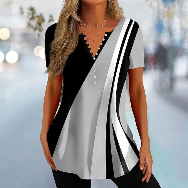 Women's T shirt Tee Black Pink Blue Color Block Button Print Short Sleeve Daily Weekend Basic V Neck Regular Painting S