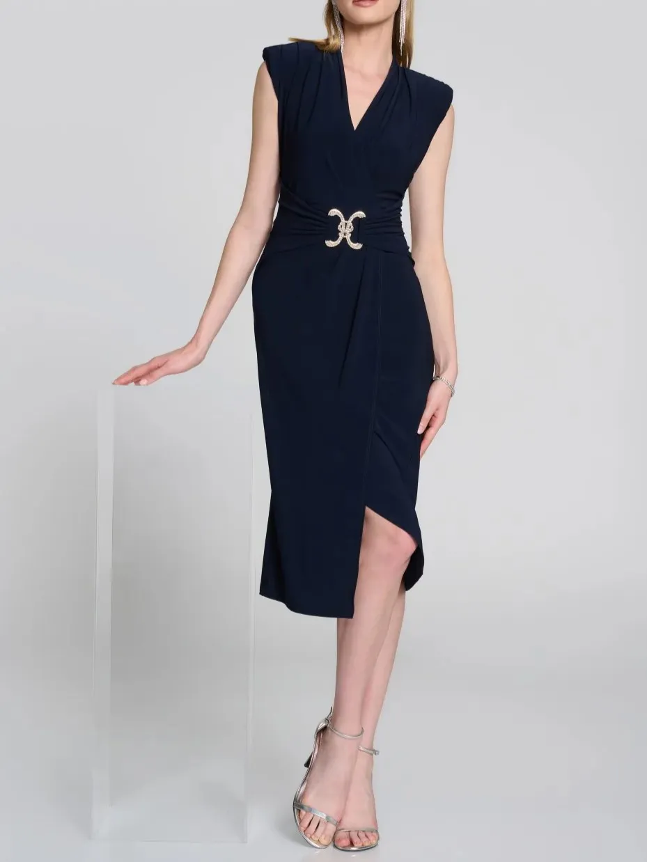 Navy Blue Belted Wrap Midi Dress