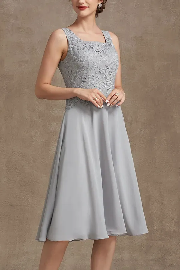 A-Line Square Neckline Knee-Length Chiffon Lace Mother of the Bride Dress