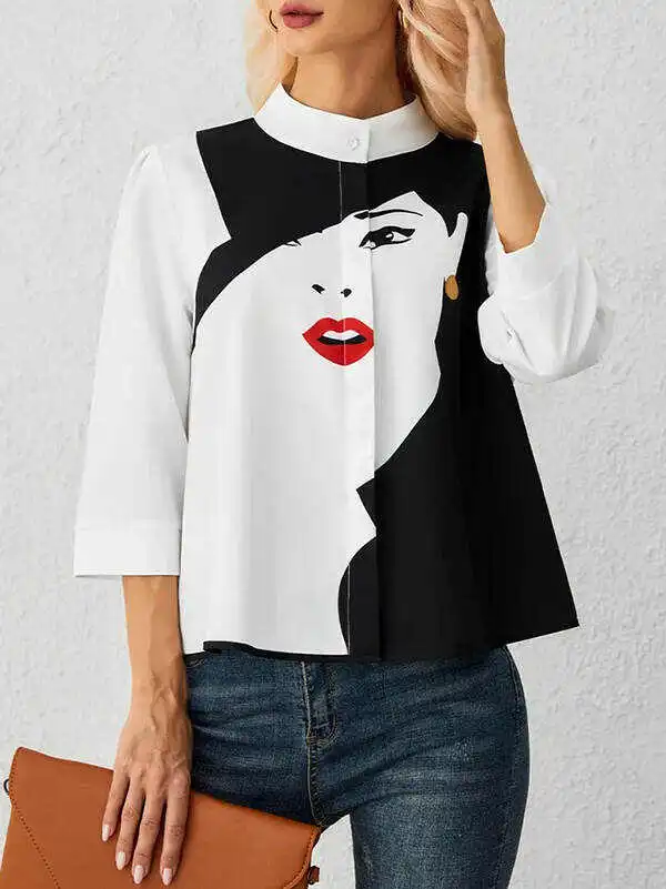 Casual Three-Quarter Sleeves Figure Buttoned Printed Stand Collar Blouses&Shirts Tops