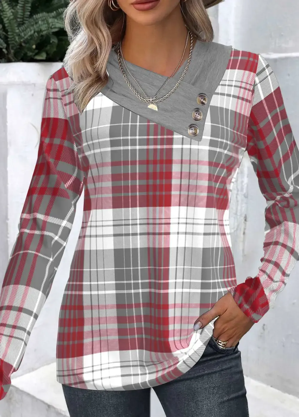 Wine Red Patchwork Plaid Long Sleeve Asymmetrical Neck Sweatshirt