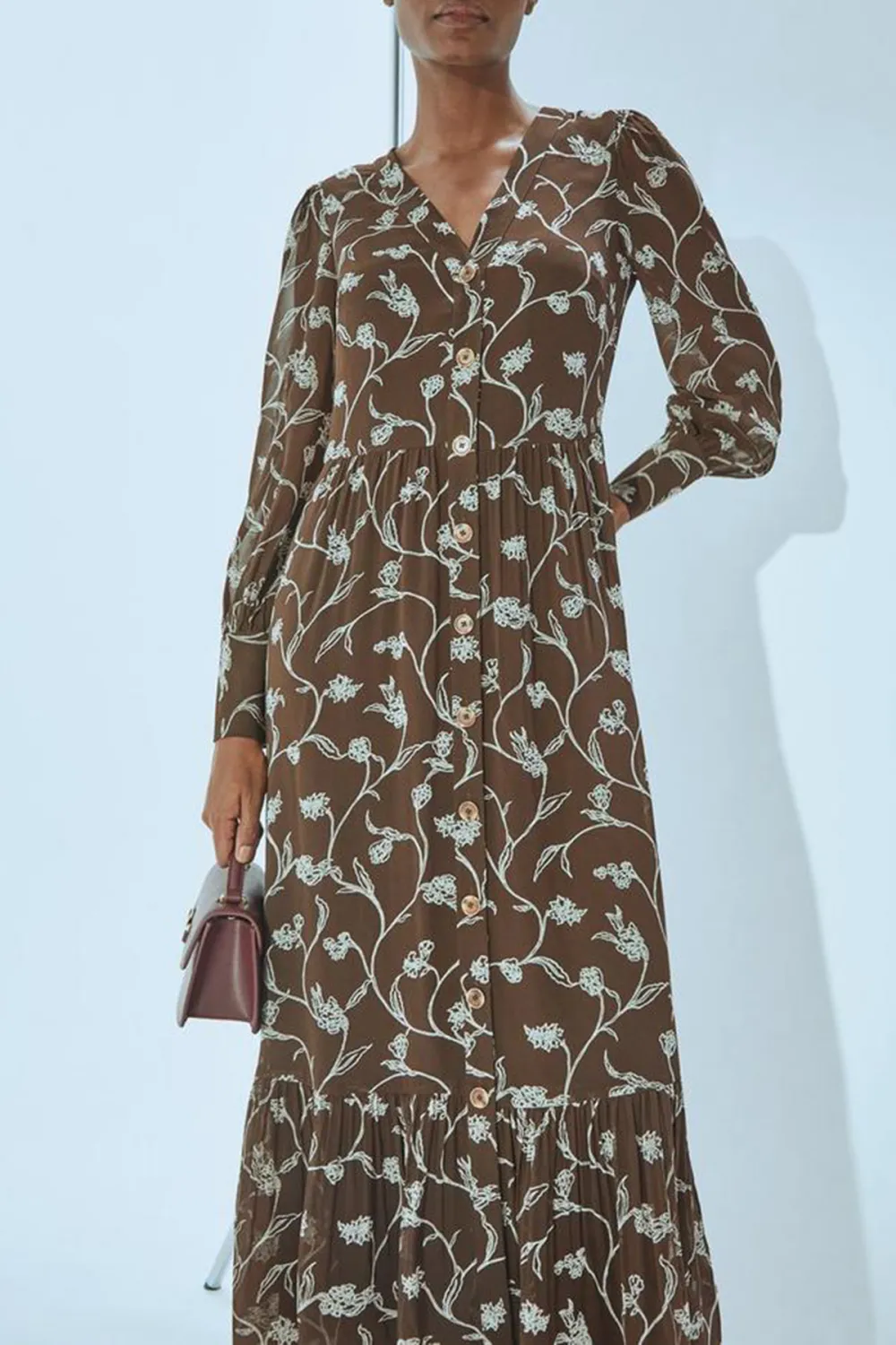 Brown Floral Print Long Sleeve Midi Dress