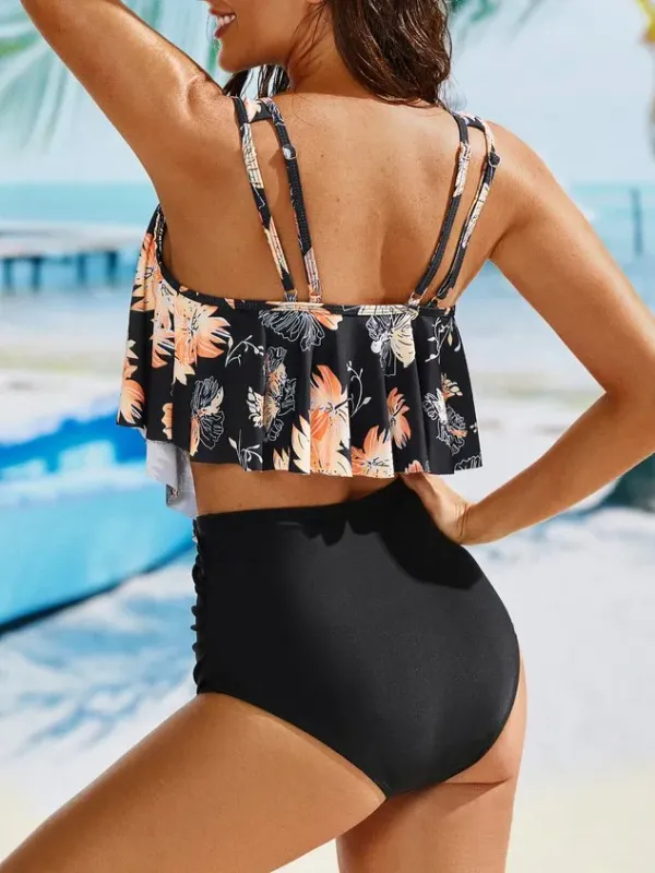 Vacation Floral Printing Scoop Neck Tankinis Two-Piece Set