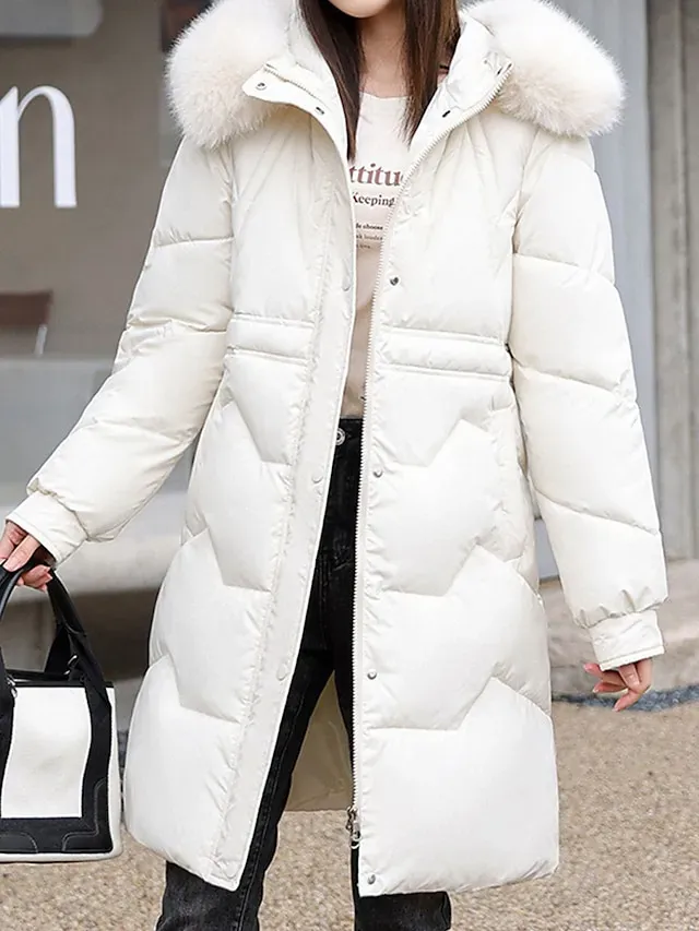 Women's Parka Winter Long Puffer Jacket Fall Windproof Warm Zipper Coat with Pocket Fur Collar Hood Modern Casual Street Style Plain Regular Fit Outerwear Long Sleeve Black White Pink