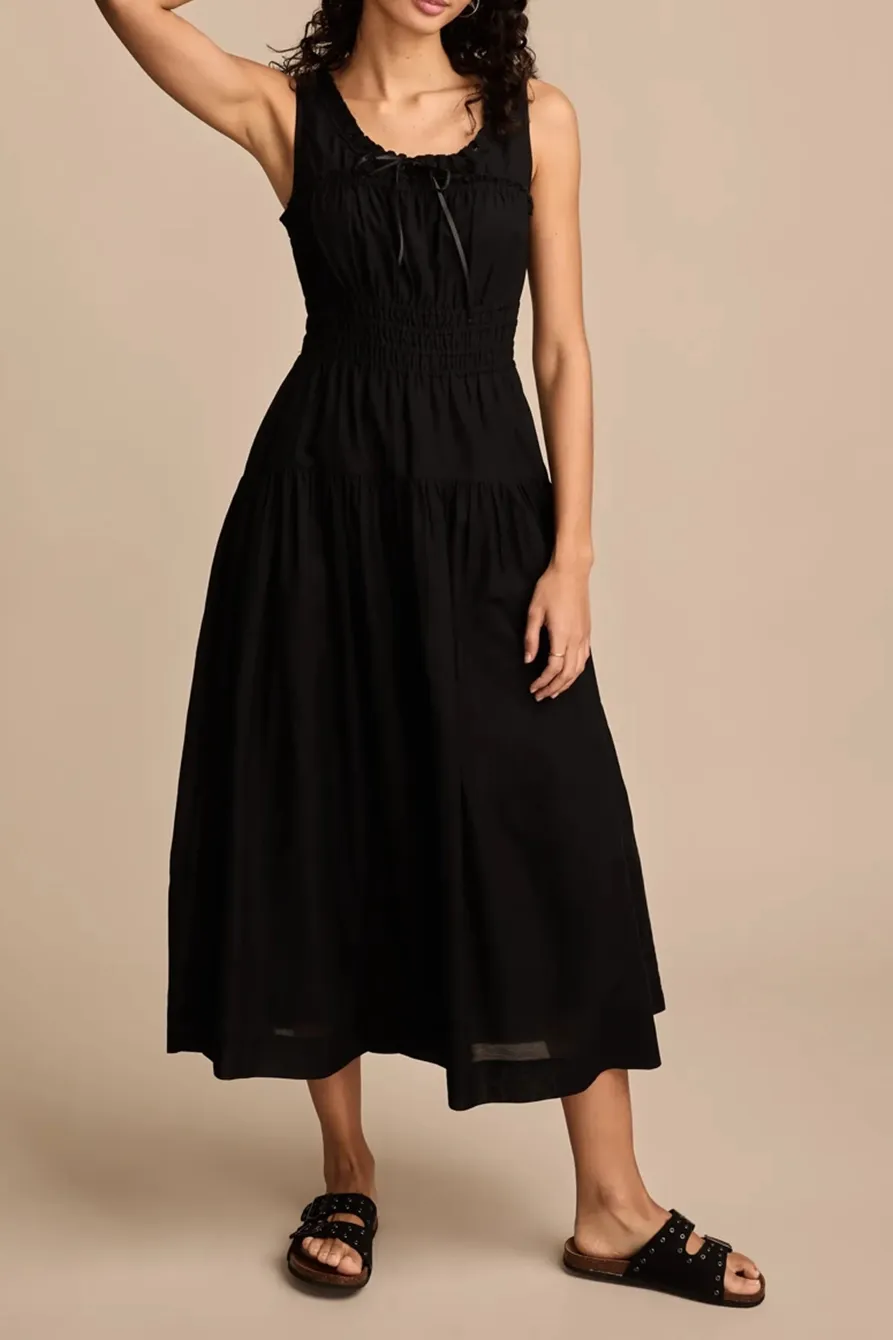 Poplin Lace Trimmed Smocked Midi Dress