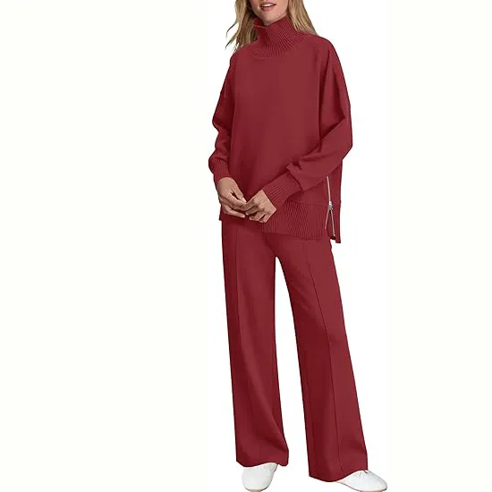 Women's 2-Piece Lounge Set 🧶 | Cozy Knit Turtleneck Top & Matching Pants Outfit