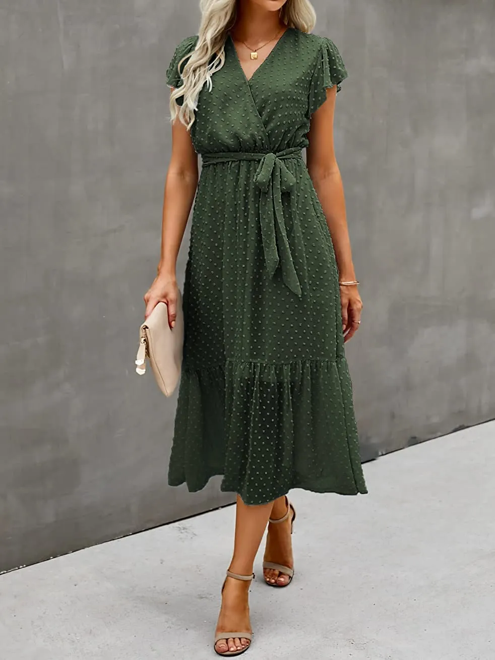 Women Summer Bohemian Floral Casual Wrap V Neck Ruffle Cap Sleeveless Belt A-Line Pleated Hem Swing Midi Sun Dress