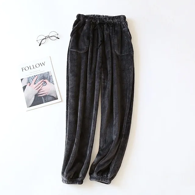 Women's Fleece Fluffy Fuzzy Warm Pajamas Pants Pjs Pure Color Simple Comfort Plush Home Daily Bed Gift Long Pant Elastic Waist Winter Fall Black Blue