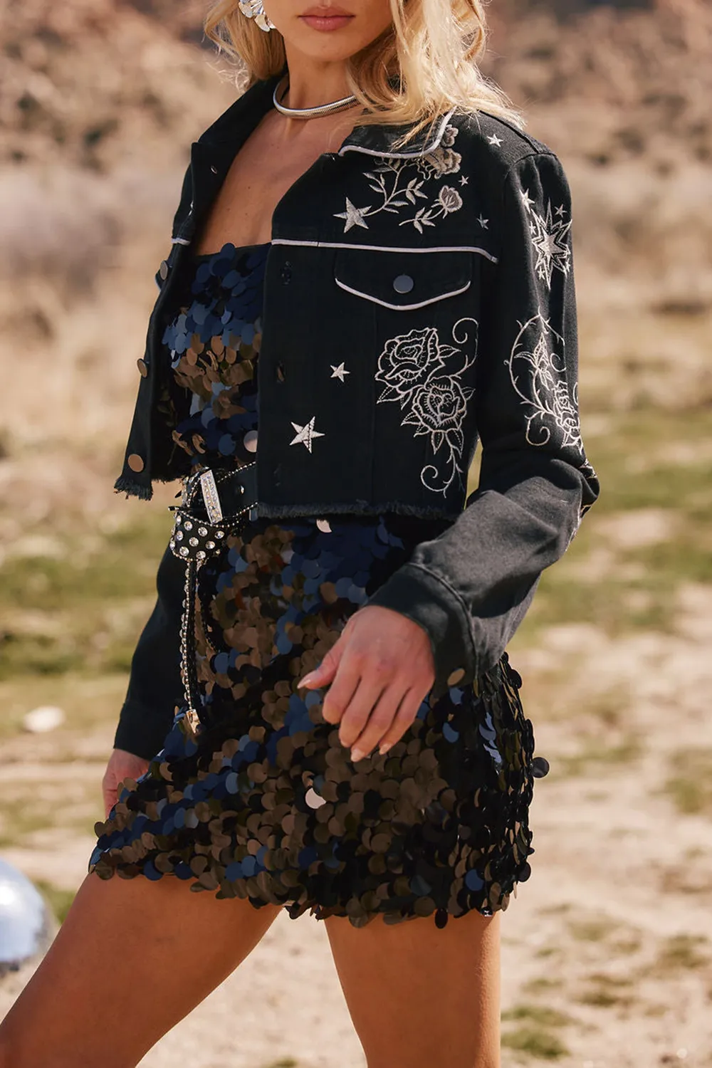 Black Embroidered Cropped Jacket