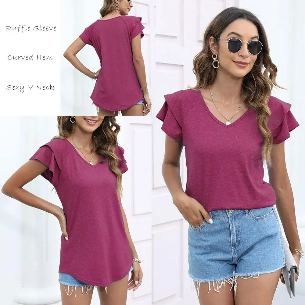 T&Twenties Womens Summer Tops Ruffle Short Sleeve Tunic Tops V Neck Loose Fit Flowy T-Shirts