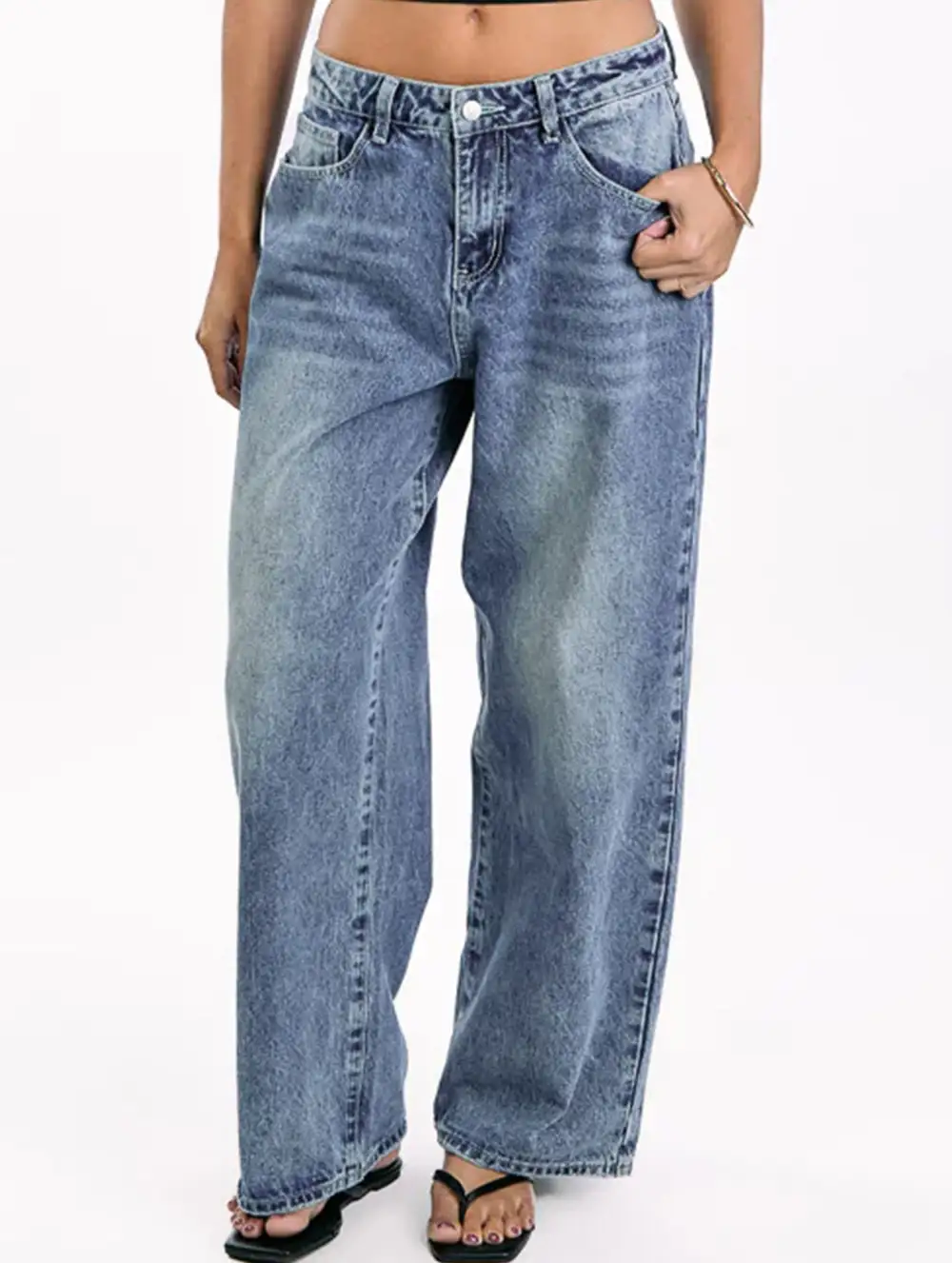 Retro Washed Heart Patterned Wide-Leg Jeans