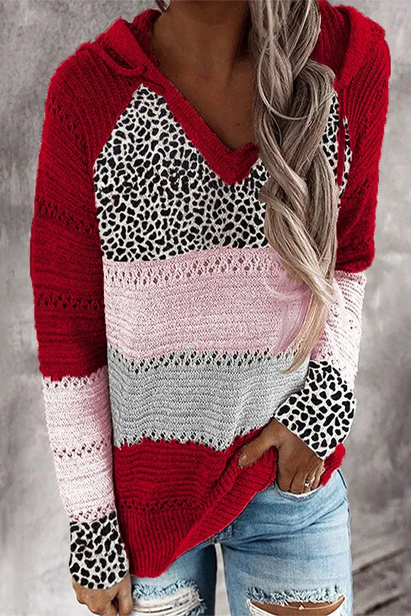 Striped & Leopard Patchwork V-Neck Hooded Sweater