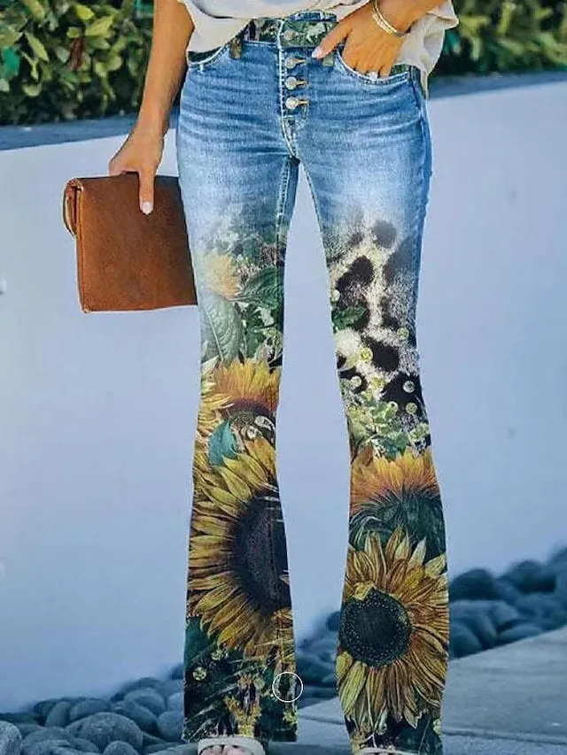 Women's Jeans Bootcut Flared Pants Full Length Faux Denim Print High Elasticity High Waist Fashion Streetwear Casual Daily 1 2 S M Fall & Winter