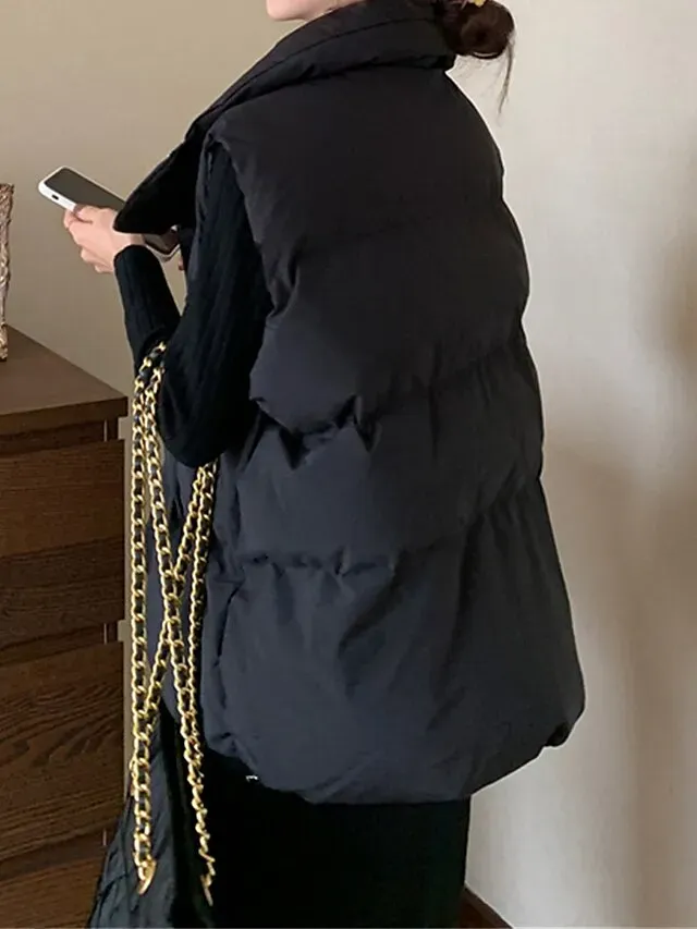 Women's Puffer Vest Long Sleeveless Parka Warm Heated Quilted Gilet Winter Coat Zipper Stand Collar Jacket with Pocket Outerwear Black White S M L XL