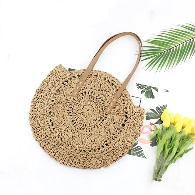 Women's Tote Straw Bag Straw Daily Holiday Solid Color Bohemian Style Brown Beige