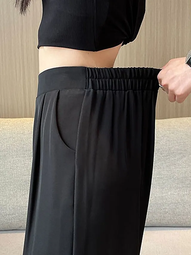 Women's Dress Pants Wide Leg Maillard Trousers Full Length Pocket Baggy Micro-elastic High Waist Fashion Streetwear Work Street Black Blue M L Summer Fall