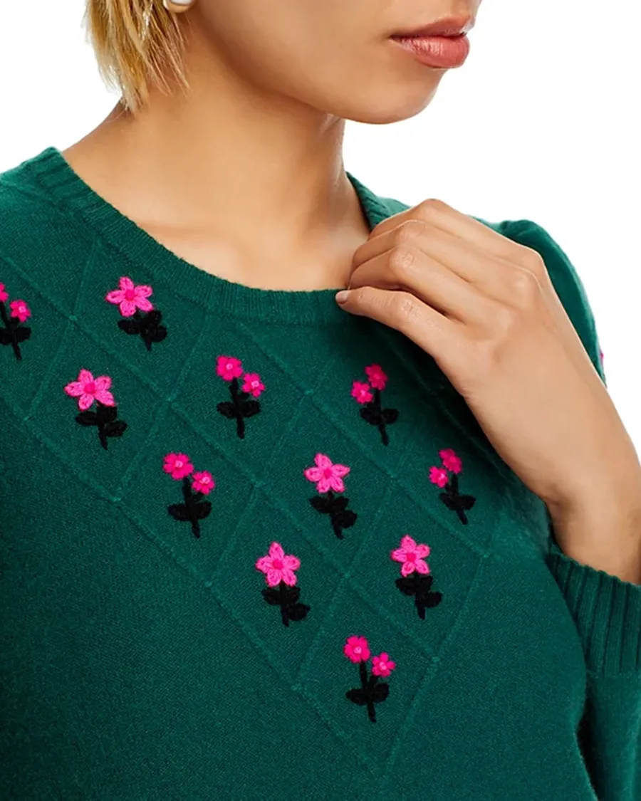 Puff Sleeve Embroidered Floral Cashmere Sweater