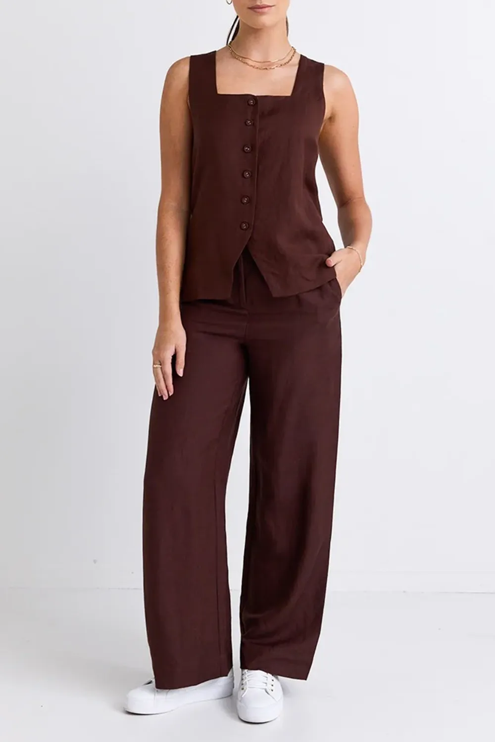 Brown Button - Front Wide - Leg Trousers