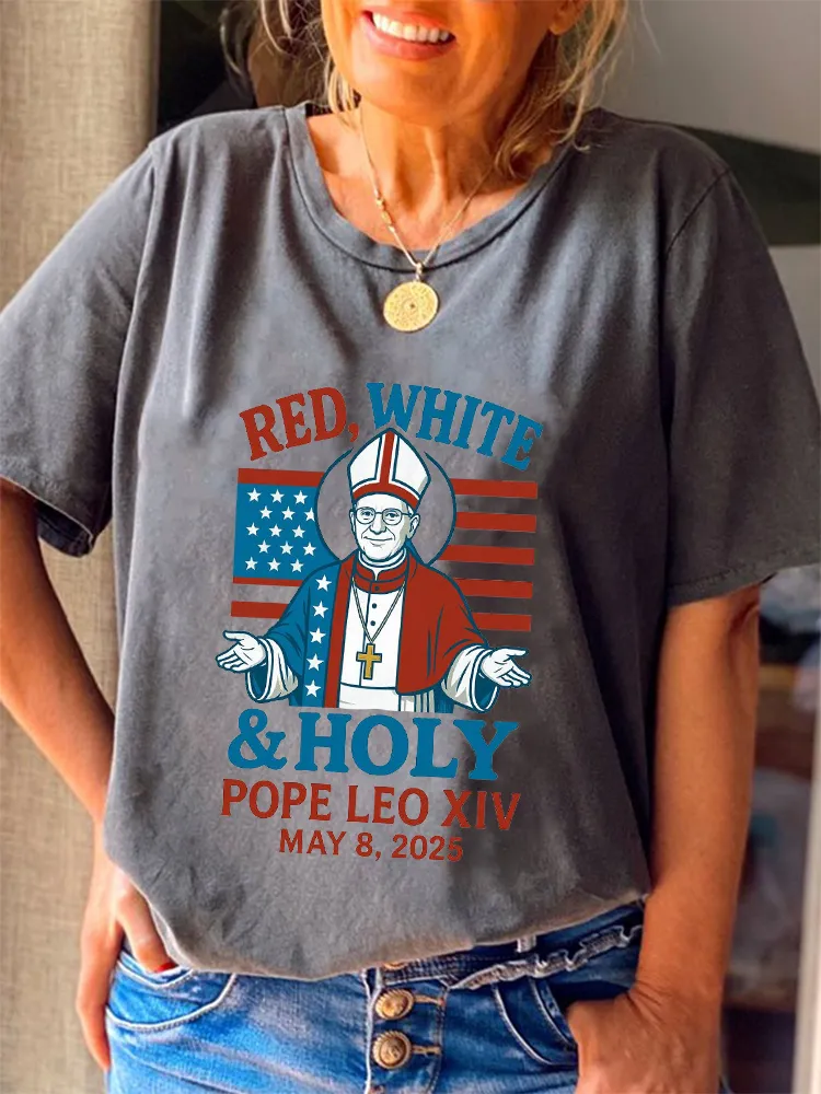 Women'S Red White And Holy Pope Leo Xiv 8th May 2025 Round-Neck Short-Sleeved T-Shirt
