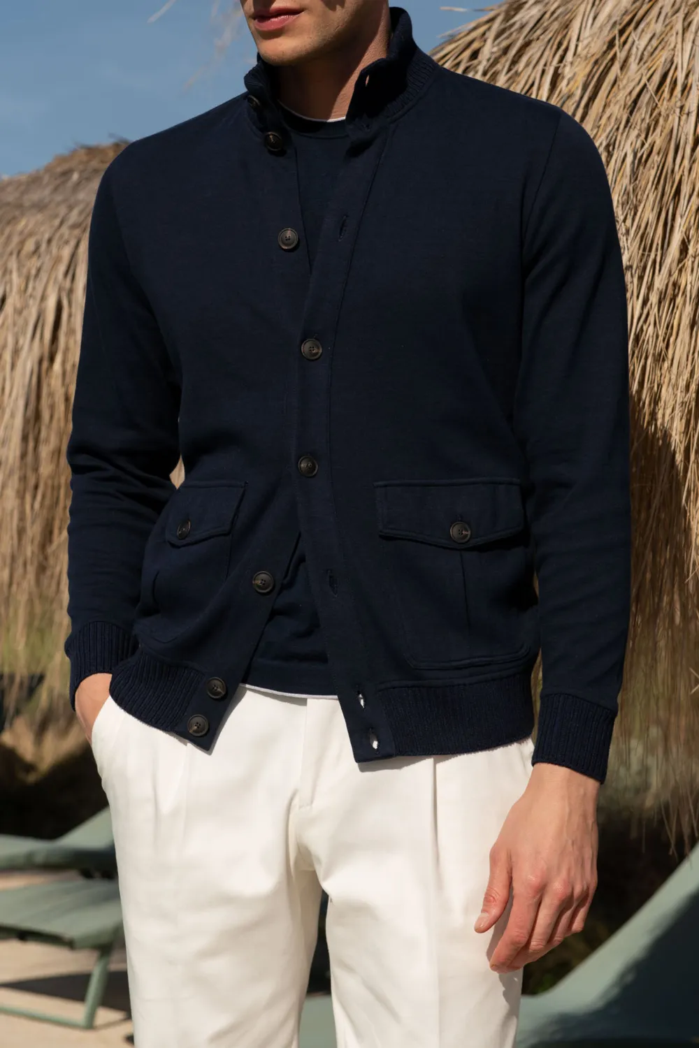 Blue Cotton Knitted Bomber