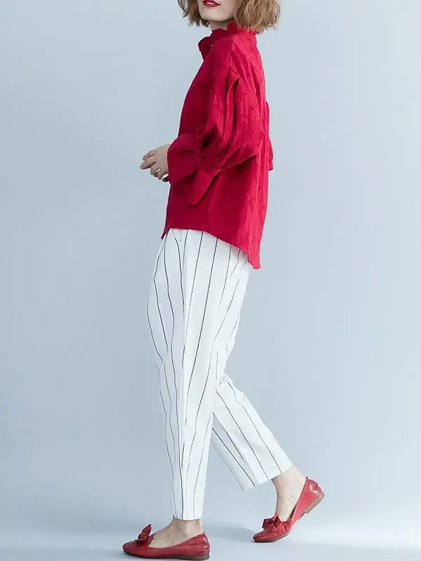 Jacquard Falbala Puff Sleeves Blouse