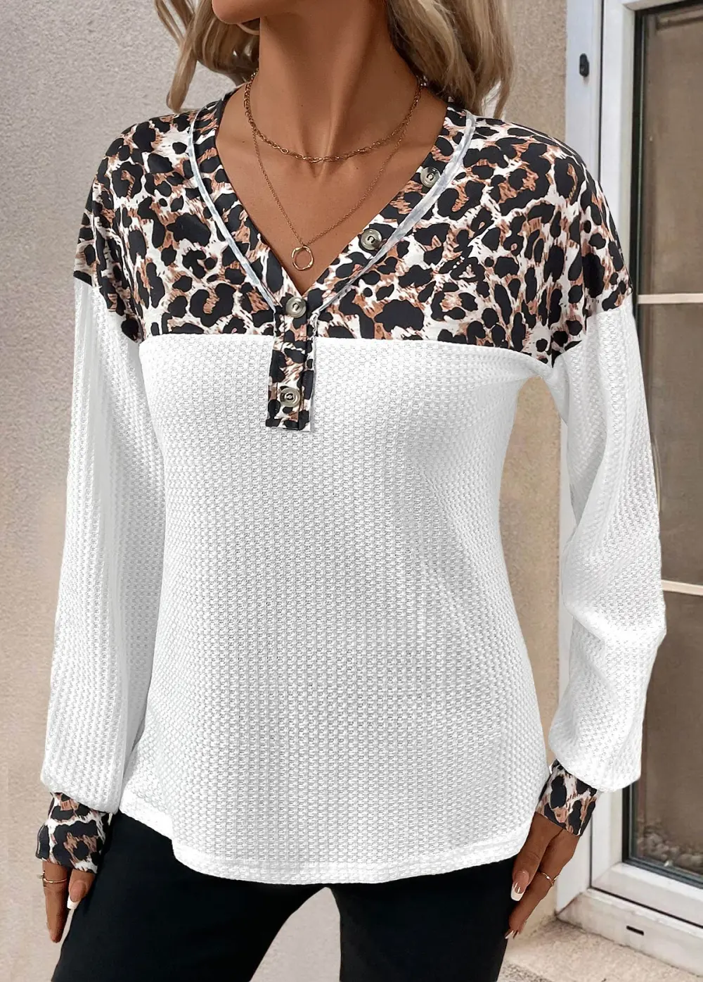 White Patchwork Leopard Long Sleeve V Neck T Shirt
