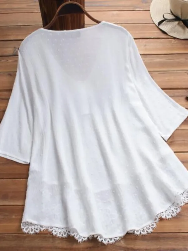 Women's Shirt Blouse White Eyelet Tops Cotton Pure Color White Pink Green Lace Button 3/4 Length Sleeve Daily Basic Casual V Neck Regular Fit Summer Spring Fall