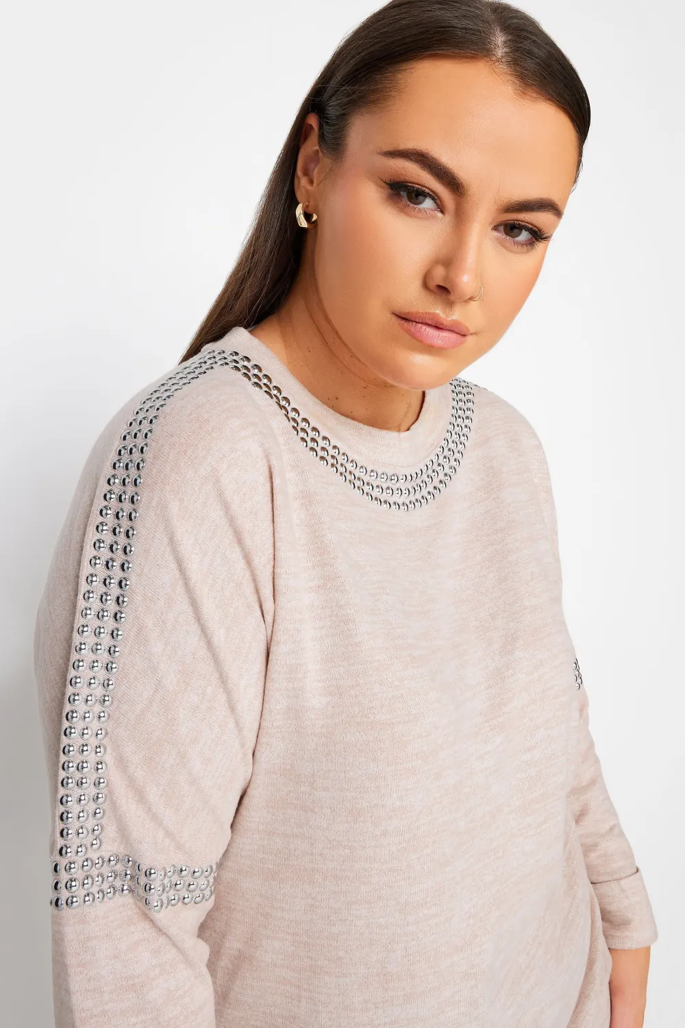 YOURS Curve Light Grey Stud Batwing Sleeve Jumper
