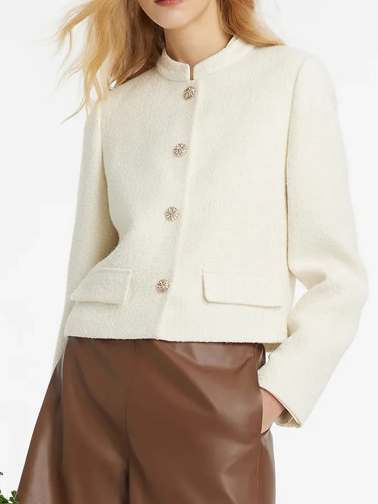 Women's Wool Blend Stand Collar SIngle-Breasted Women Jacket
