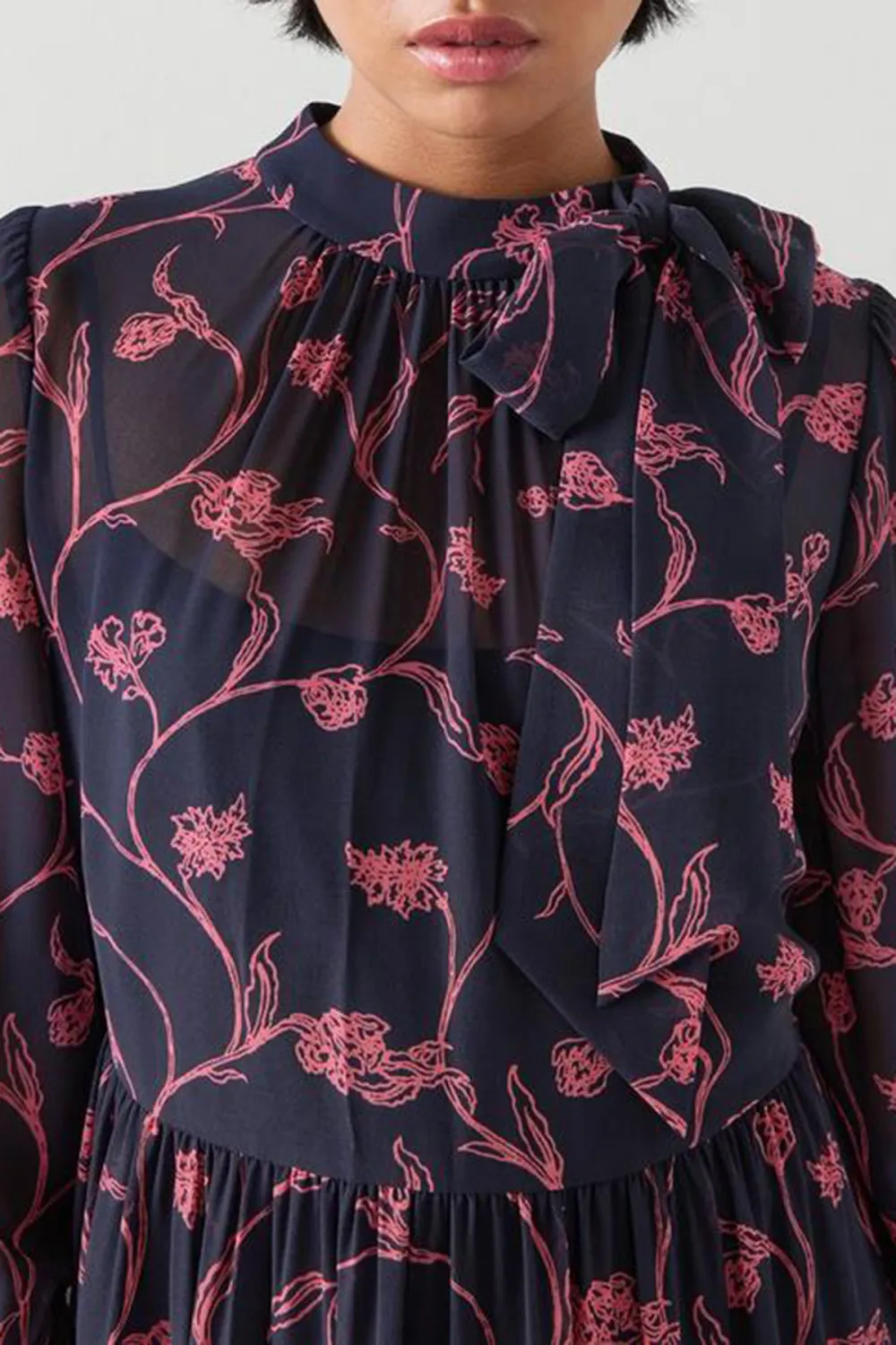 Dark Blue Pink Floral Long Sleeve Midi Dress