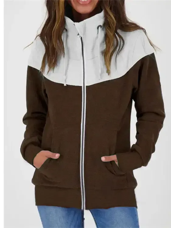 Women Long Sleeve Turtle Neck Cardigan Zipper Stitching Sweatshirts Tops