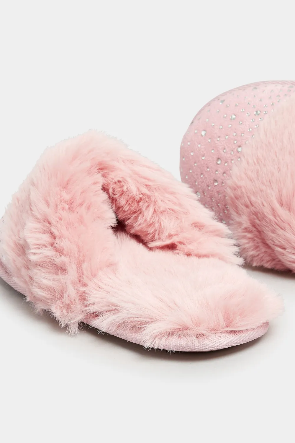 Pink Diamante Faux Fur Slippers In Wide E Fit