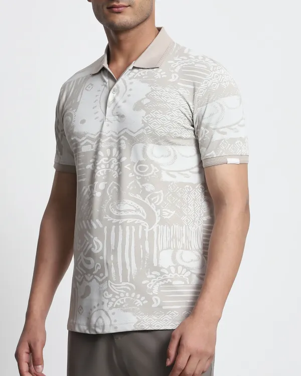 Daily Simple And Slimming Grey Abstract Print Polo Shirt